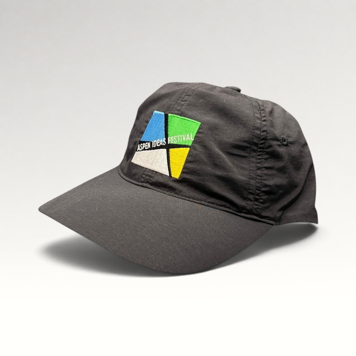 Raree Finds black unstructured strapback hat with embroidered multicolor Aspen Ideas Festival logo on front panel