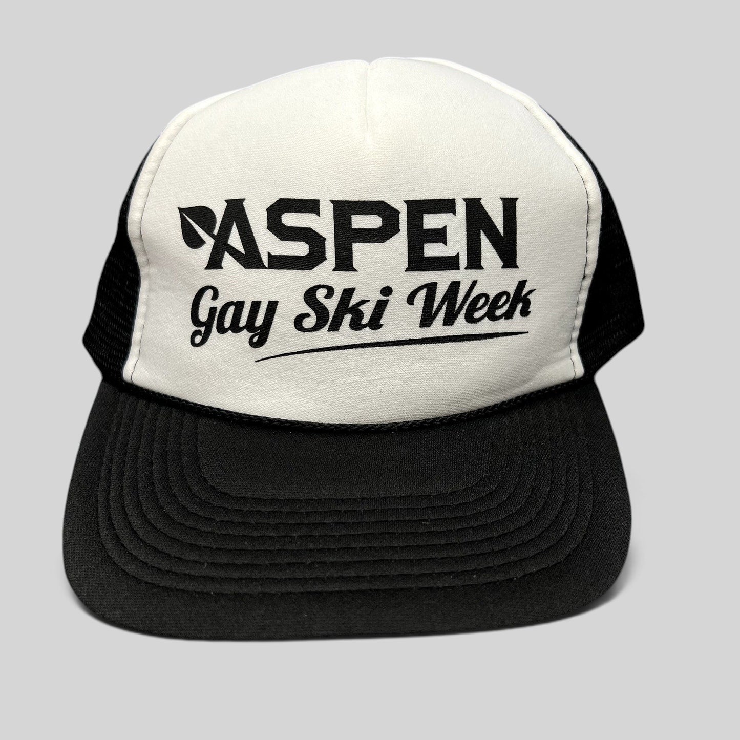 Raree Finds vintage Otto trucker hat featuring a white foam front with black Aspen Gay Ski Week text and mesh back.