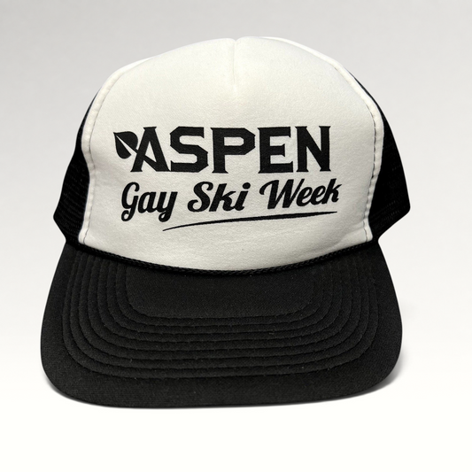 Raree Finds vintage Otto trucker hat featuring a white foam front with black Aspen Gay Ski Week text and mesh back.