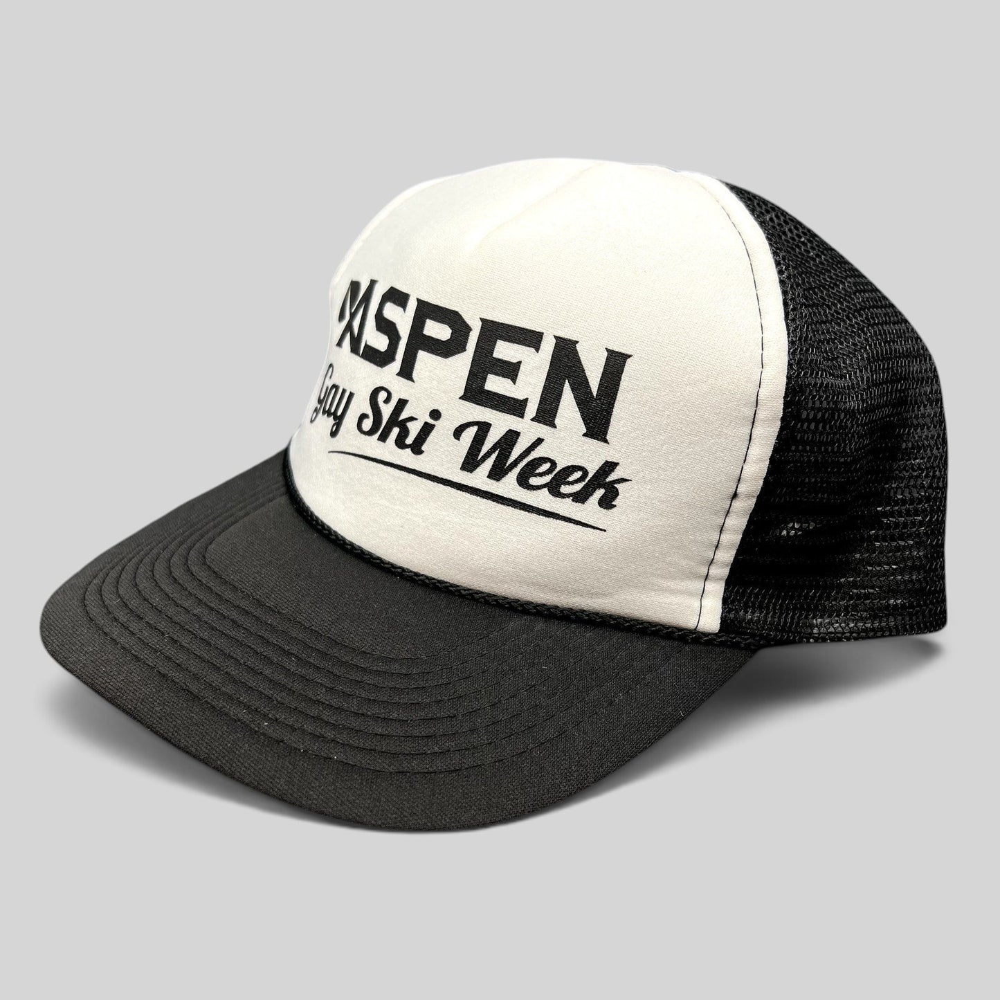 Raree Finds vintage Otto trucker hat in black and white with Aspen Gay Ski Week graphic on foam front and mesh back