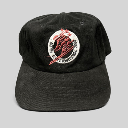 Raree Finds vintage black cotton strapback hat with embroidered Aspen Winternational 2000 skier logo in red and white