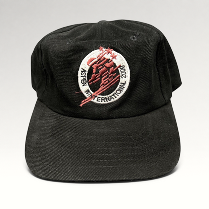 Raree Finds vintage black cotton strapback hat with embroidered Aspen Winternational 2000 skier logo in red and white