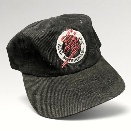 Raree Finds vintage black cotton strapback hat featuring Aspen Winternational 2000 embroidered skier logo