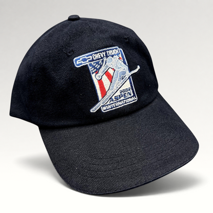 Raree Finds navy blue 2002 Aspen Winternational cotton strapback hat with Chevrolet Truck and skier embroidery.