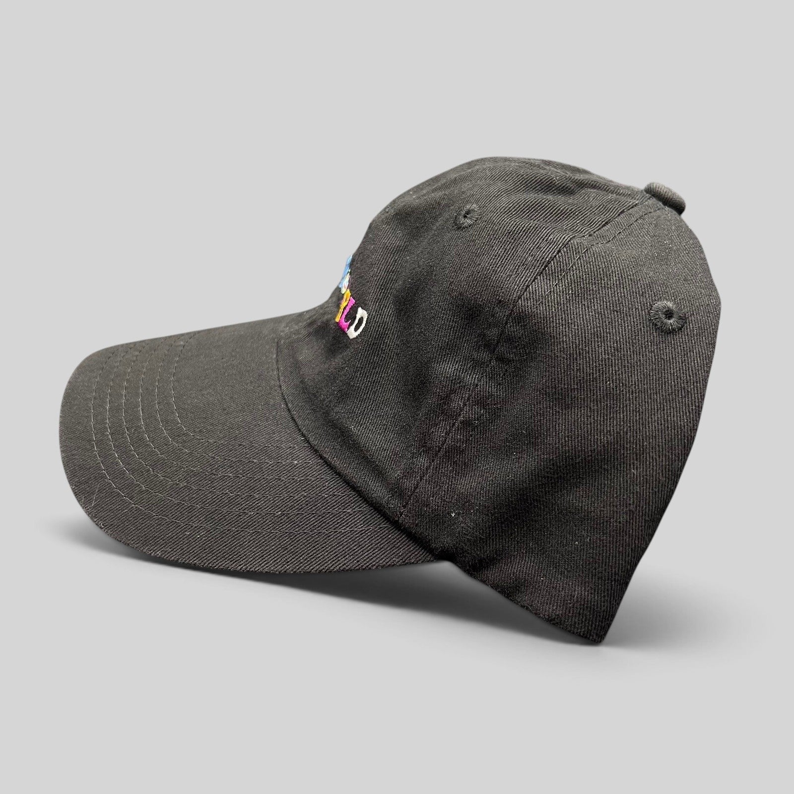 Raree Finds black cotton strapback hat with multicolor Astroworld embroidery on the front and curved brim