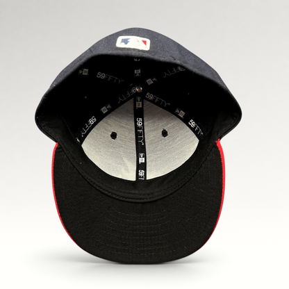 Raree Finds New Era 59FIFTY Atlanta Braves fitted hat interior showing branded taping and MLB logo on navy crown
