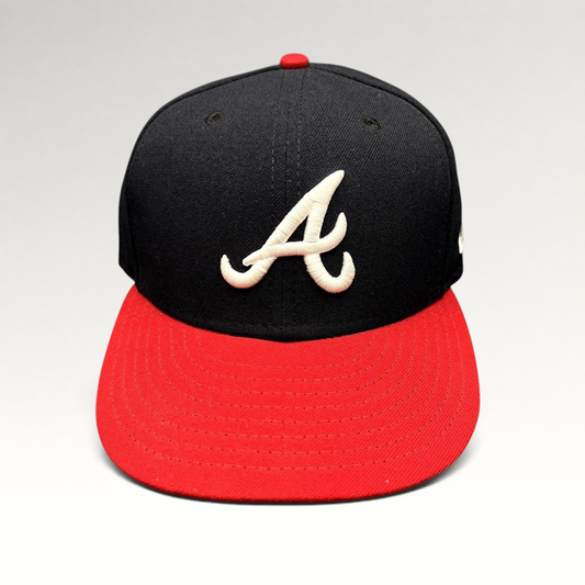 Raree Finds Atlanta Braves 59FIFTY fitted hat with navy crown, red flat brim, and white embroidered A logo
