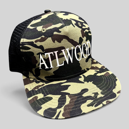 Raree Finds ATLWOOD woodland camo mesh trucker hat with white embroidered logo and flat brim