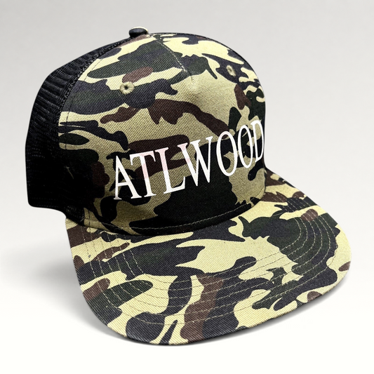 Raree Finds ATLWOOD woodland camo mesh trucker hat with white embroidered logo and flat brim