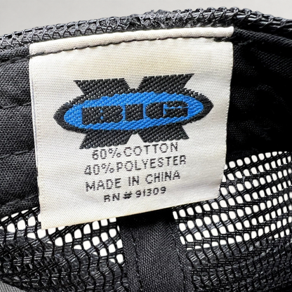 Raree Finds ATLWOOD trucker hat interior fabric care label showing cotton polyester blend and origin details