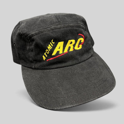 Raree Finds vintage black cotton Atomic ARC ski strapback hat with yellow and red embroidered logo