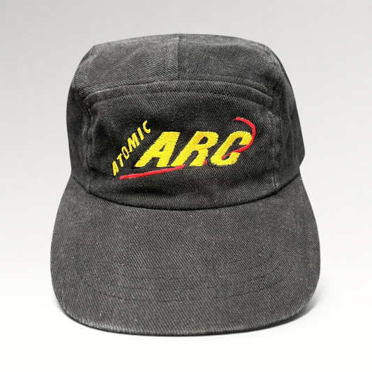 Raree Finds vintage black cotton Atomic ARC strapback hat with yellow and red embroidered logo