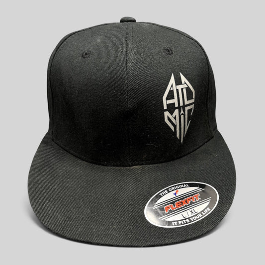 Raree Finds black Atomic Skis FlexFit cap with white embroidered logo on the front and a flat brim design.