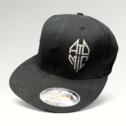 Raree Finds black Atomic Skis FlexFit cap with embroidered logo and red graphic undervisor