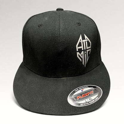 Raree Finds black Atomic Skis FlexFit cap with white embroidered logo and flat brim, size L/XL.