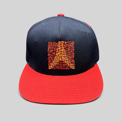 Raree Finds Atomic Skis navy and red snapback hat with embroidered Eiffel Tower mosaic graphic on the front