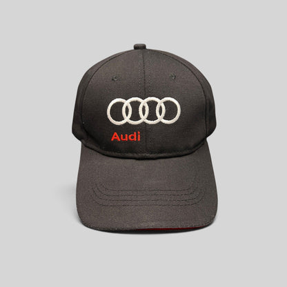 Raree Finds black cotton twill Audi hat with white interlocking rings logo and red wordmark embroidery