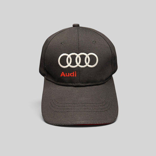 Raree Finds black cotton twill Audi hat with white interlocking rings logo and red wordmark embroidery