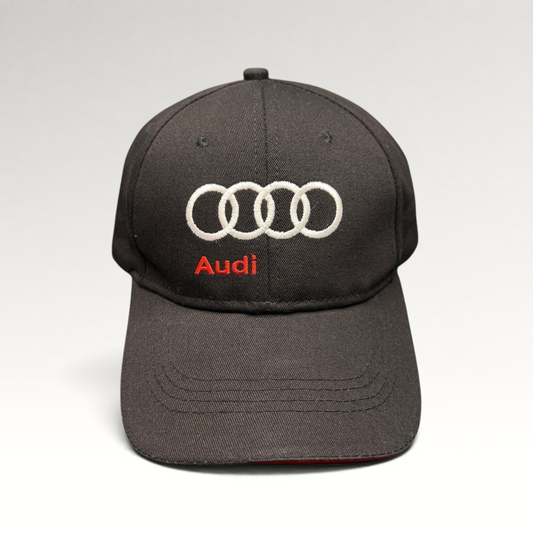 Raree Finds black cotton twill Audi hat with white interlocking rings logo and red wordmark embroidery