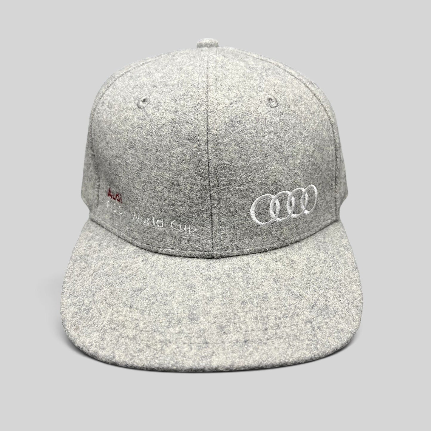Raree Finds gray felted wool-blend Audi FIS Alpine World Cup snapback hat with embroidered Audi rings logo.