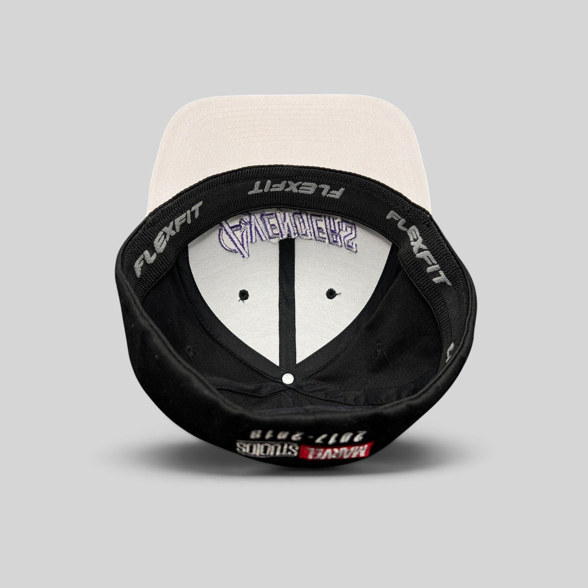 Raree Finds Avengers Endgame cast and crew Flexfit hat interior showing Marvel Studios 2017-2019 embroidery
