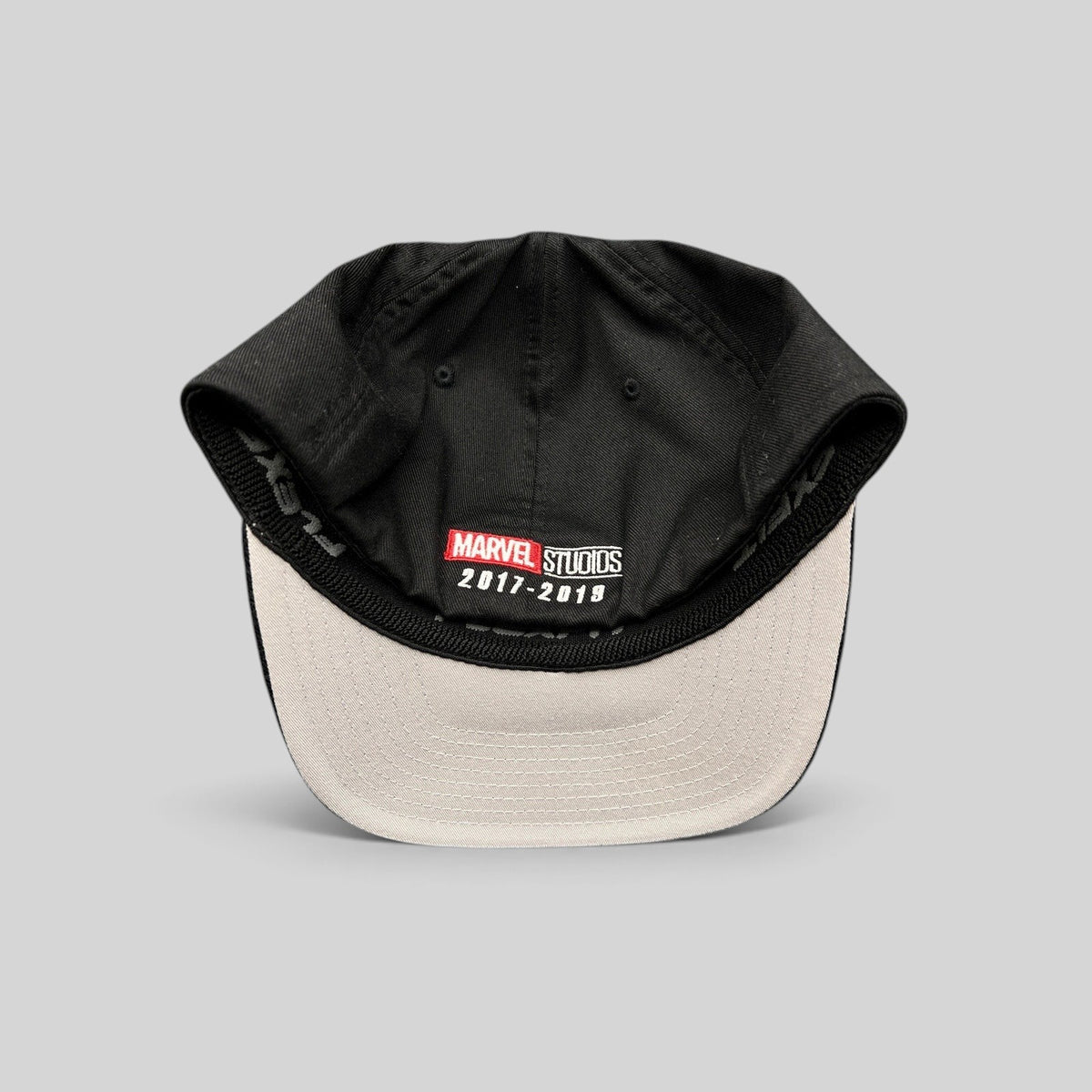 Raree Finds Avengers Endgame cast and crew hat showing interior Marvel Studios 2017-2019 embroidery on black crown