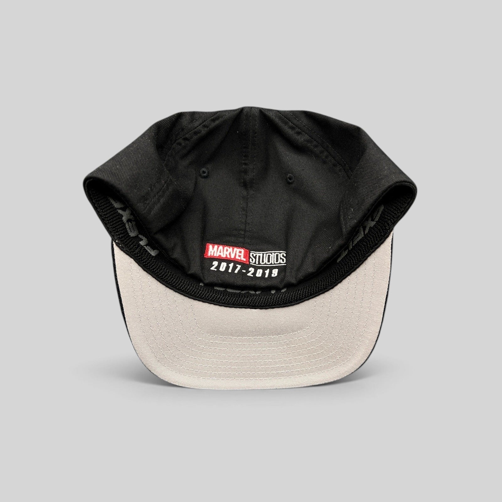 Raree Finds Avengers Endgame cast and crew hat showing interior Marvel Studios 2017-2019 embroidery on black crown