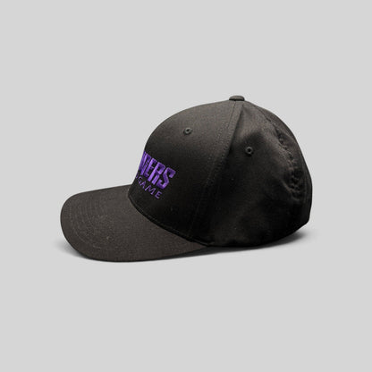 Raree Finds Avengers Endgame cast and crew Flexfit hat in black with purple embroidered logo on a light gray brim