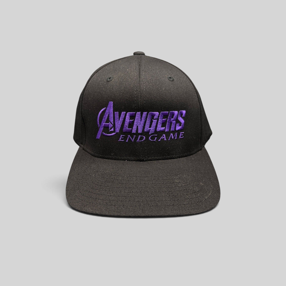 Raree Finds authentic Avengers Endgame cast and crew Flexfit hat with purple embroidery on a black crown