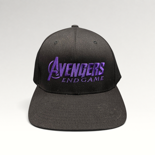 Raree Finds authentic Avengers Endgame cast and crew Flexfit hat with purple embroidery on a black crown