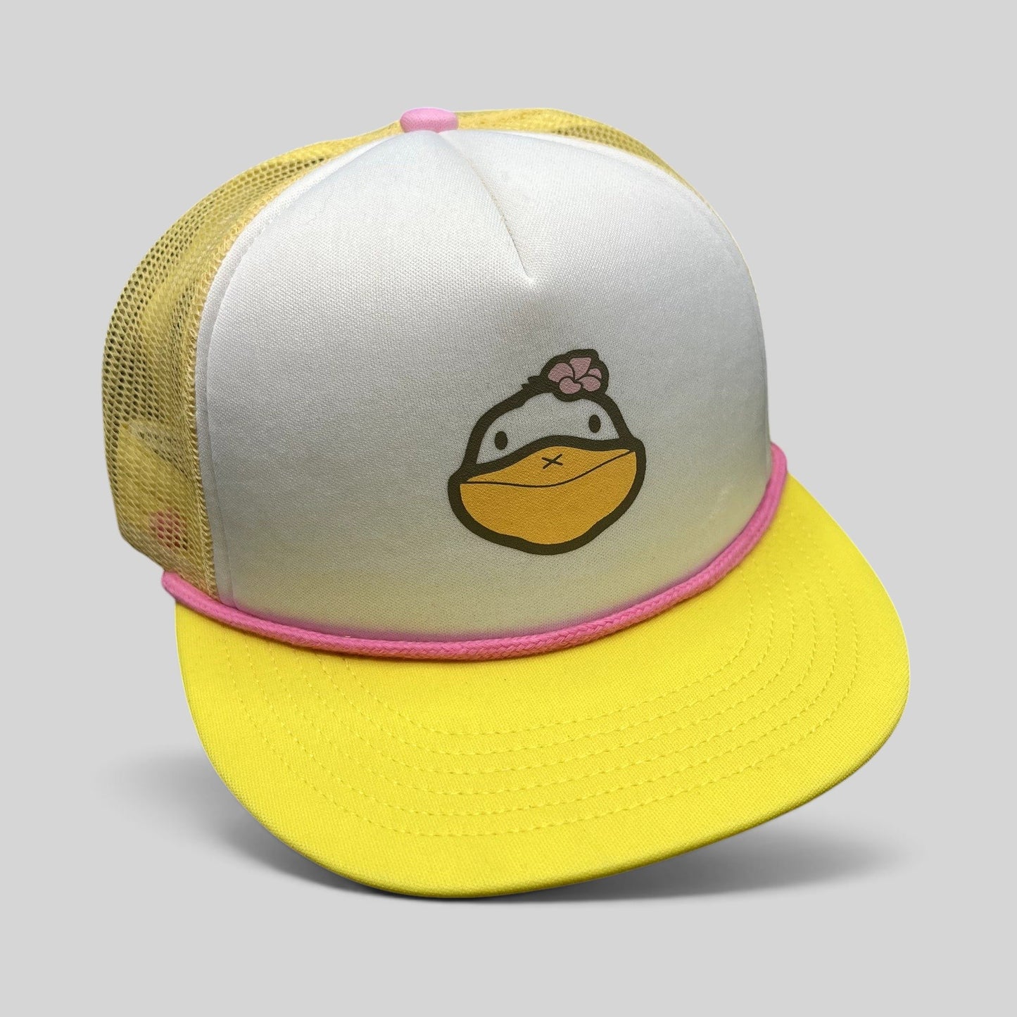 Raree Finds Baby Bum trucker snapback hat featuring a white foam front, yellow mesh back, and pink rope trim.