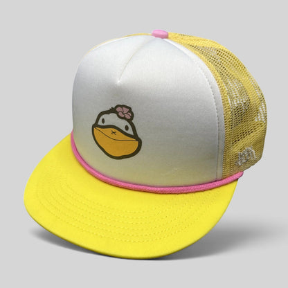 Raree Finds Baby Bum prototype trucker hat with white foam front, yellow mesh back, pink rope trim, and duck graphic.