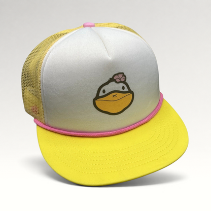 Raree Finds Baby Bum trucker snapback hat with white foam front, yellow mesh back, pink rope trim, and duck graphic.