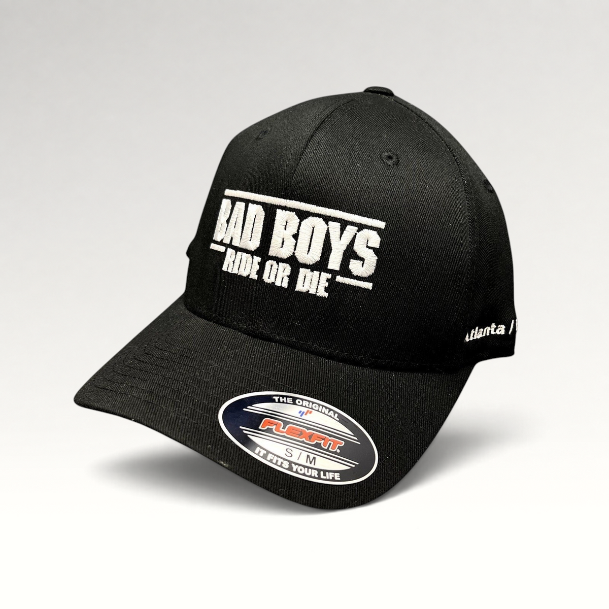 Raree Finds black Bad Boys Ride or Die crew hat with white embroidered logo and Flexfit size sticker on the brim.