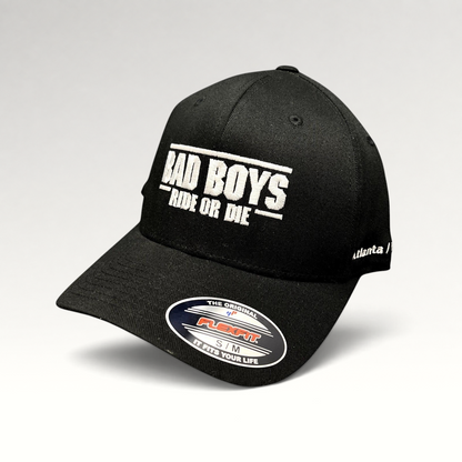 Raree Finds black Bad Boys Ride or Die crew hat with white embroidered logo and Flexfit size sticker on the brim.