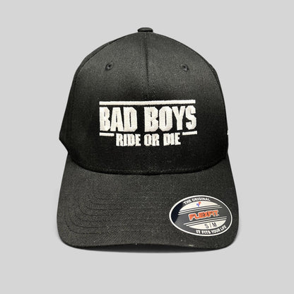 Raree Finds black Flexfit hat featuring white Bad Boys Ride or Die embroidery, authentic cast and crew wrap gift.