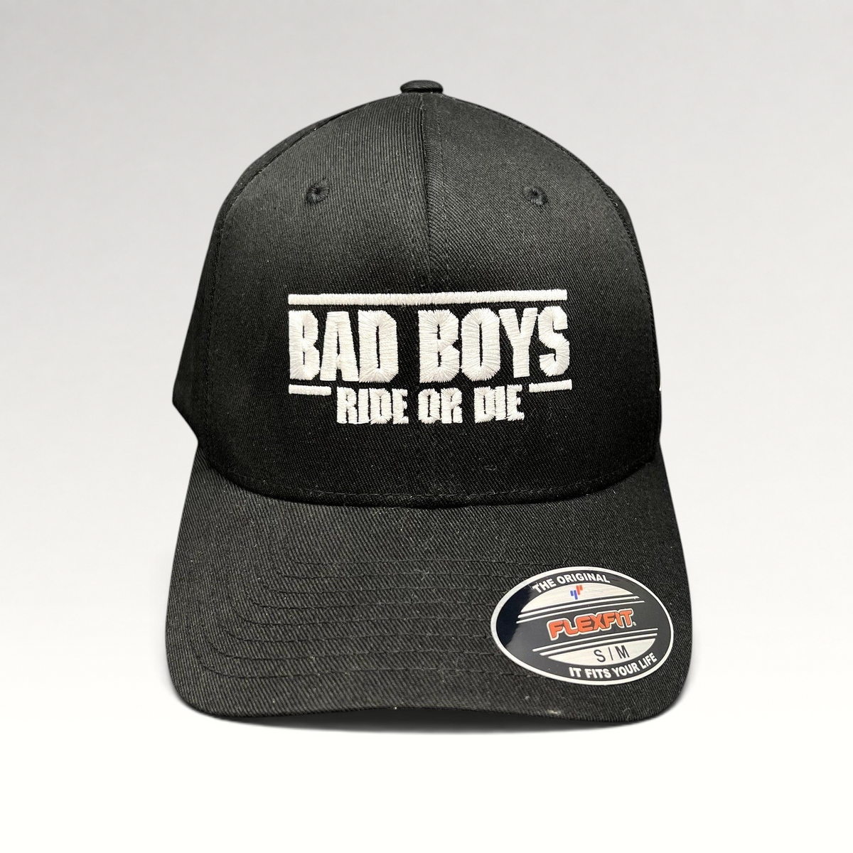 Raree Finds black Bad Boys Ride or Die crew hat with white embroidered logo and Flexfit size sticker on the brim.