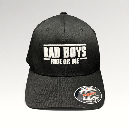 Raree Finds black Bad Boys Ride or Die crew hat with white embroidered logo and Flexfit size sticker on the brim.
