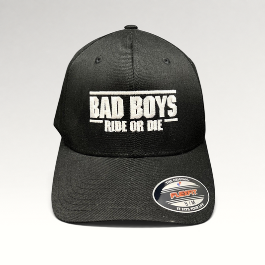 Raree Finds black Bad Boys Ride or Die crew hat with white embroidered logo and Flexfit size sticker on the brim.
