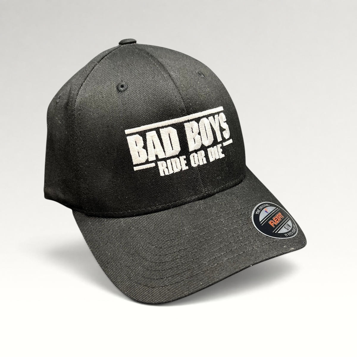 Raree Finds black Flexfit hat with white Bad Boys Ride or Die embroidery, authentic 2024 cast and crew wrap gift.