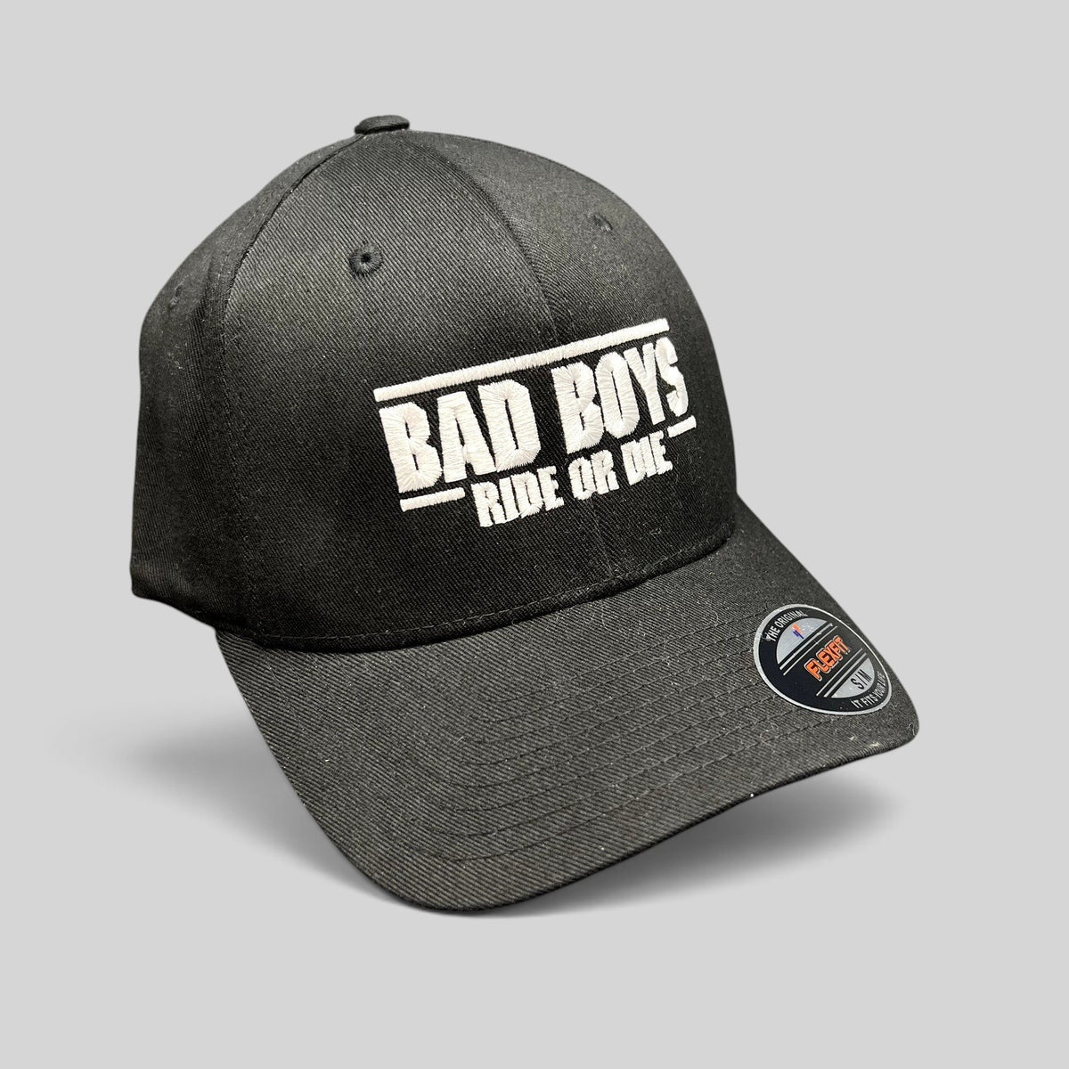 Raree Finds black Bad Boys Ride or Die crew gift Flexfit hat with white embroidered logo and size sticker