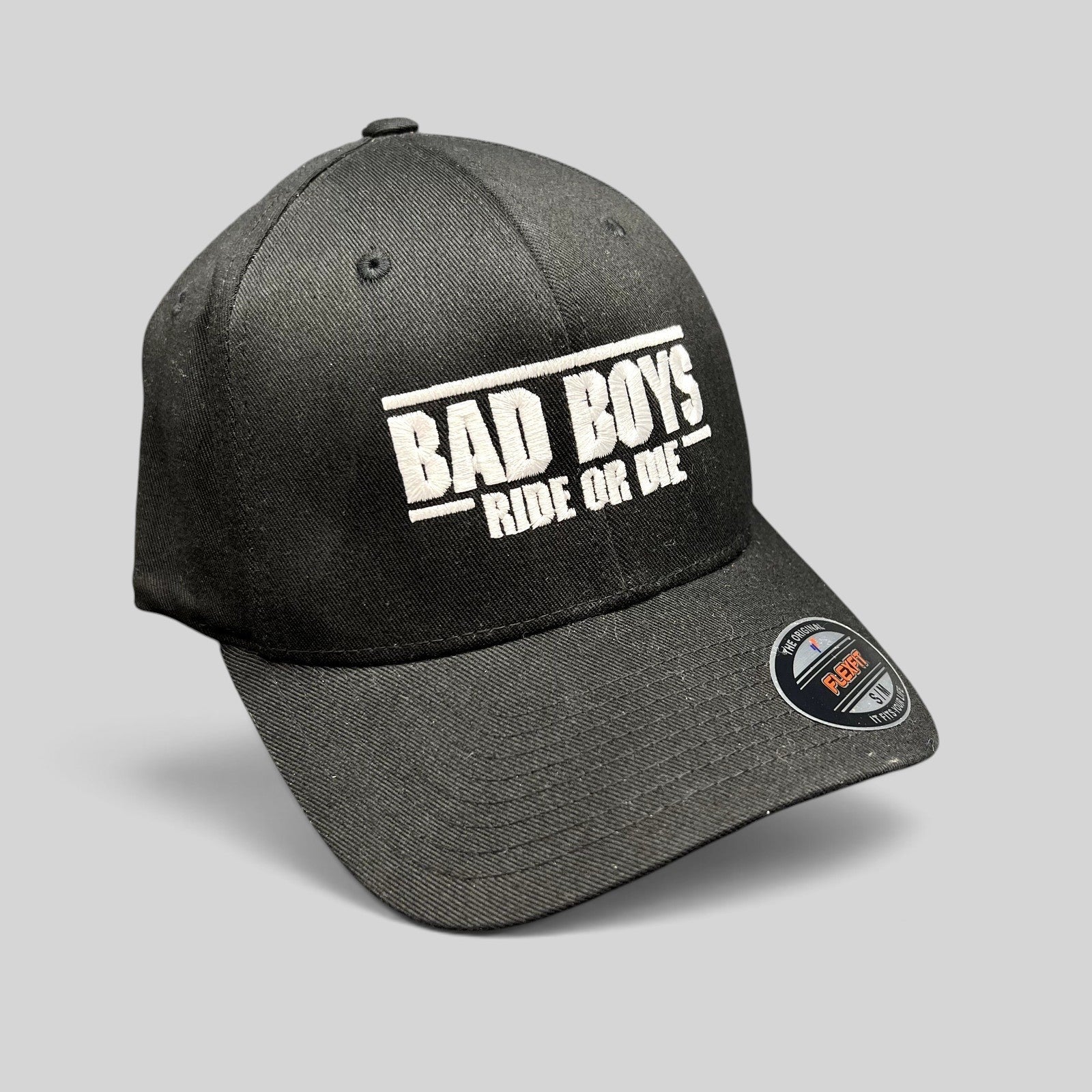Raree Finds black Bad Boys Ride or Die crew gift Flexfit hat with white embroidered logo and size sticker