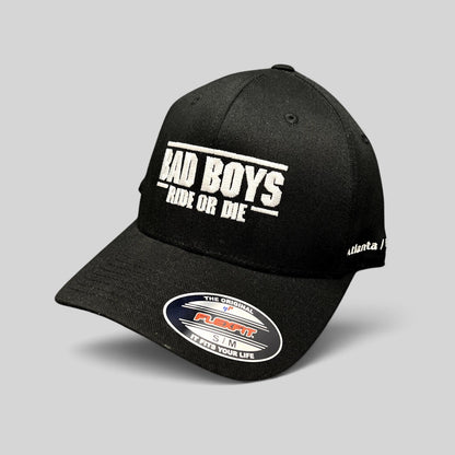 Raree Finds black Bad Boys Ride or Die crew hat with white embroidered logo and Flexfit size sticker on the brim