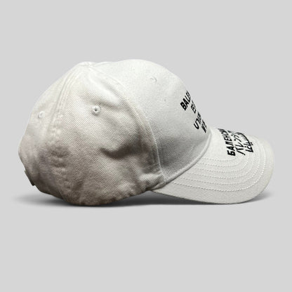 Raree Finds white Balenciaga cotton strapback hat with black multilingual logo embroidery on front and brim