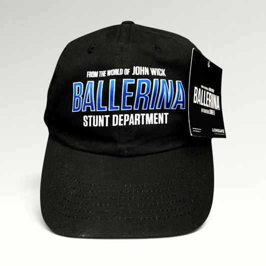 Raree Finds black cotton strapback hat with Ballerina Stunt Department embroidery and official Lionsgate hang tag.