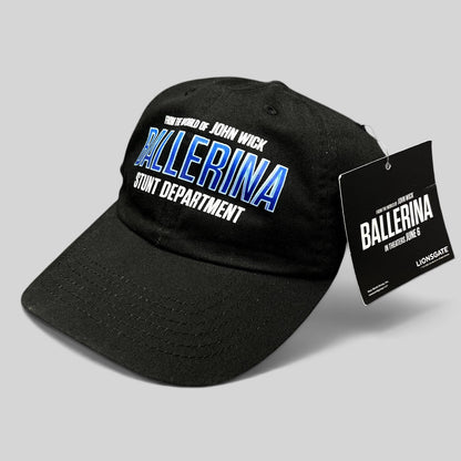 Raree Finds black cotton strapback hat featuring Ballerina Stunt Department embroidery and Lionsgate hang tag.