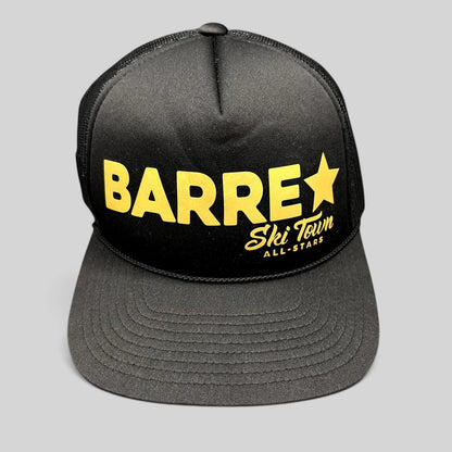 Raree Finds black trucker snapback hat with gold Barre Vermont and Ski Town All-Stars lettering and mesh back panels.