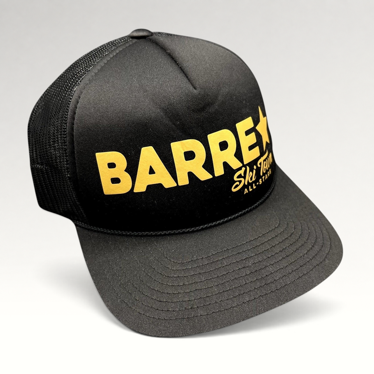 Raree Finds black and gold Barre Vermont Ski Town All-Stars trucker snapback hat with mesh back panels.