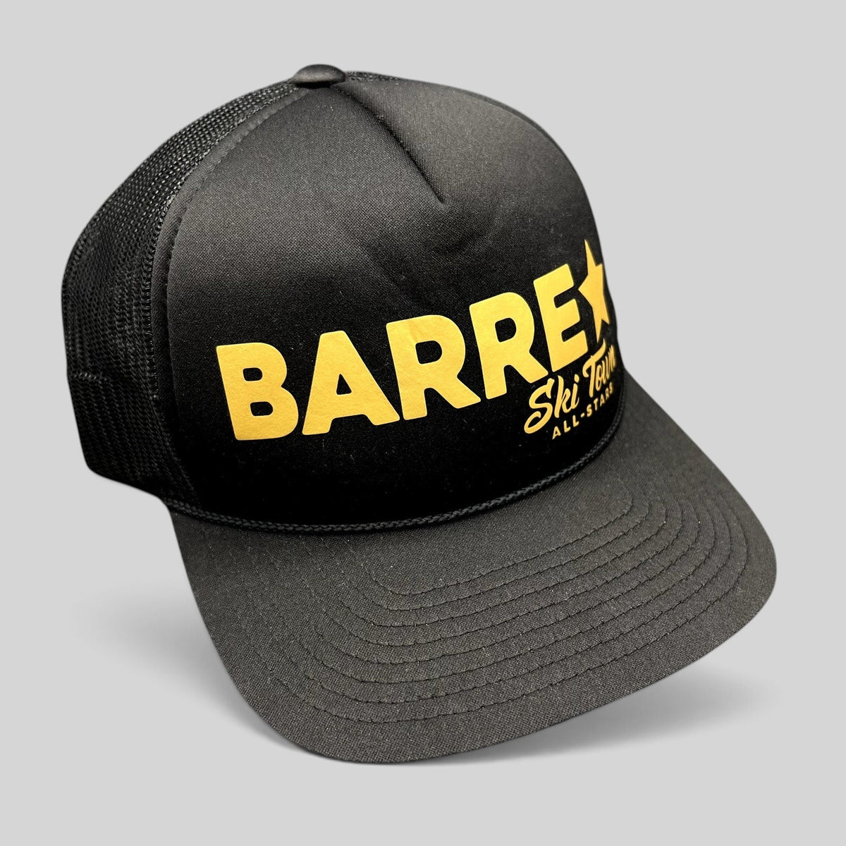 Raree Finds black and gold Barre Vermont Ski Town All-Stars trucker snapback hat with mesh back and foam front.