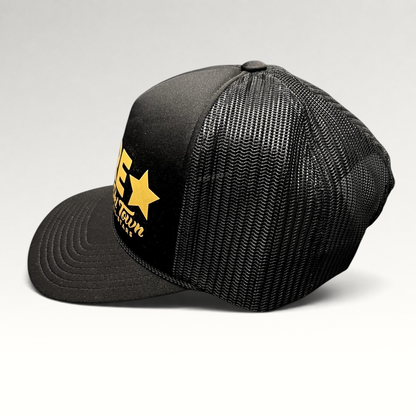 Raree Finds black and gold Barre Vermont trucker snapback hat with mesh back panels and foam front
